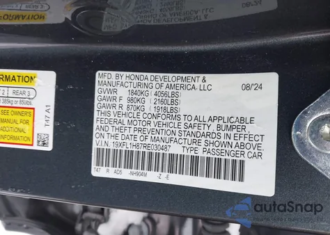 2024 Honda Civic Sport Touring из США, поврежденный, VIN 19XFL1H87RE030487